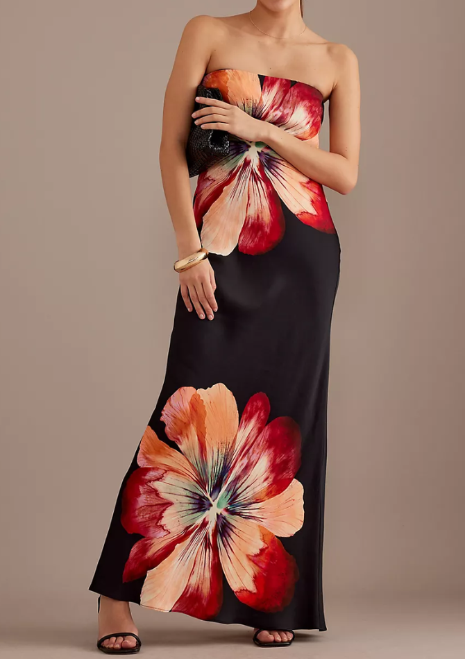 Anthropologie Fleur Satin Maxi Dress | Black Motif