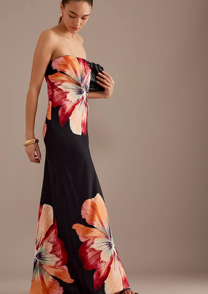 Anthropologie Fleur Satin Maxi Dress | Black Motif